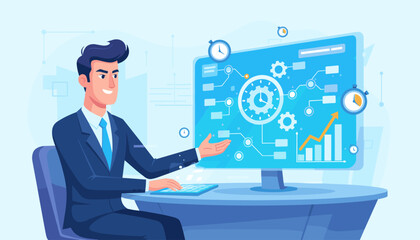 Dynamic business professional skillfully managing time and projects on a futuristic digital interface, showcasing efficiency and strategic planning with data analytics and clock icons, symbolizing