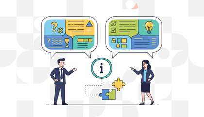 Vivid illustration of two business professionals engaged in a discussion, with speech bubbles containing information, questions, and a lightbulb representing ideas, symbolizing communication