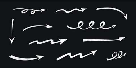 Hand drawn crayon movement arrow collection. Grunge squiggly arrow set. Pencil chalk lines sketch. White brush scribble element set. Doodle vector illustration.
