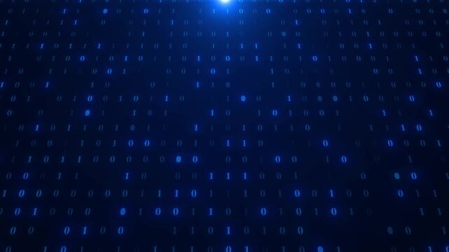 Abstract Blue Binary Code Digital Data Stream Loop. Futuristic Technology, Cybersecurity, And Computing Background With Glowing 0s And 1s Flowing Seamlessly. Abstract Blue Binary Code Data Stream Loop