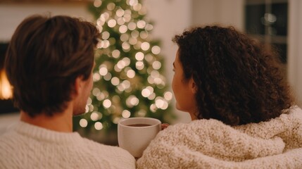 Young couple enjoying hot cocoa while sitting together on a cozy couch, surrounded by festive decorations and a glowing Christmas tree, creating a warm holiday atmosphere