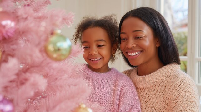 Mother and daughter joyfully decorating a pink Christmas tree with colorful ornaments, creating a warm and festive atmosphere filled with laughter and holiday spirit
