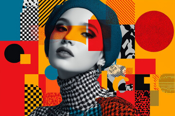 Stylish woman in geometric and colorful pop art background.