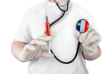 A doctor on a transparent background holds a syringe with red liquid and a stethoscope with the national flag of France depicted on the membrane, symbolizing French healthcare