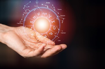 Zodiac signs for astrology horoscopes on dark background