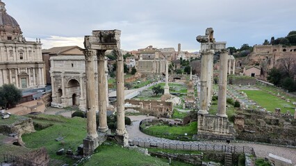 Rome, Italy - 13 January 2025. View of the Roman Forum with Temple of Castor and Pollux front left,...