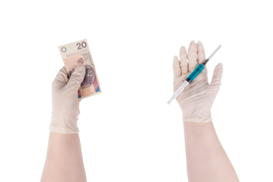 Isolated gloved hands holding a syringe and a Polish zloty banknote against a transparent background, symbolizing high prices, costs and financial corruption in medicine