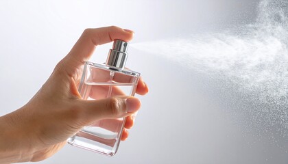 A hand spraying perfume from a clear glass bottle against a neutral backdrop