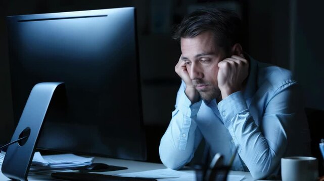 Sleep-deprived office worker at desk, late night overtime, closed eyes, head in hands, computer monitor glow, burnout, productivity slump, caffeine cup, deadline crunch, digital fatigue