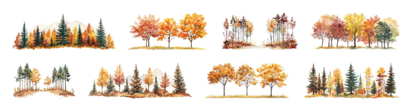 Autumn trees vibrant watercolor landscape.