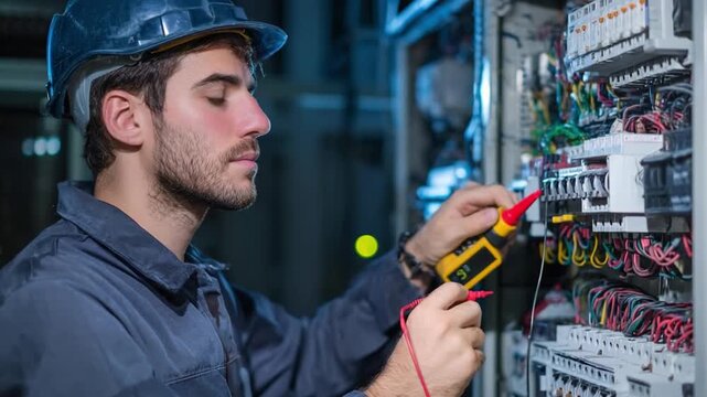 An electrician wearing a blue hard hat tests an electrical panel with a handheld multimeter.