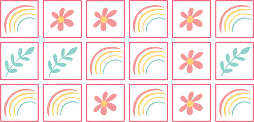 Collection of cheerful abstract floral and rainbow motifs arranged in a grid for a playful and whimsical artistic design