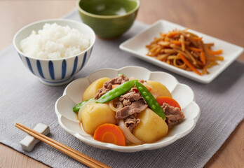 温かい日本の家庭料理：食卓を彩る肉じゃがとご飯の定食