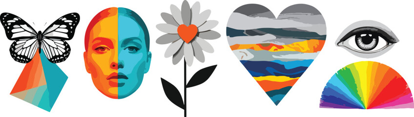 Vector art of collage of surrealistic elements showing butterfly, face, flower, heart and eye