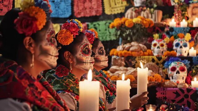 Trio of women in intricate Day of the Dead skull makeup hold tall candles beside a tiered ofrenda, surrounded by marigolds, sugar skulls, pan de muerto and papel picado banners