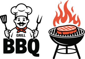 Grill BBQ With Chef Mascot and Steaming Steak On Grill Vector Illustration | Food and Restaurant