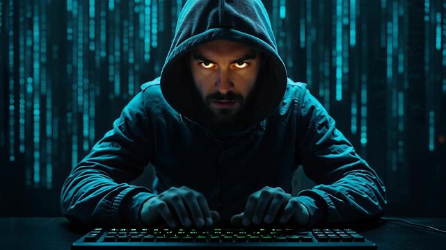 Male hacker in hoodie sitting in a dark room, showing his face with glowing eyes and working at computer keyboard. Cybercrime concept.