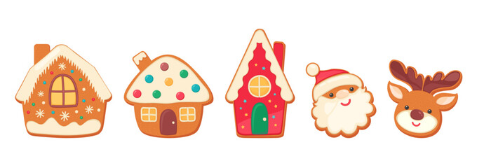 Christmas gingerbread hoses, Santa and deer sugar cookies cartoon illustration isolated. Cute iced biscuit icons. Xmas symbols cookie shapes winter gift.