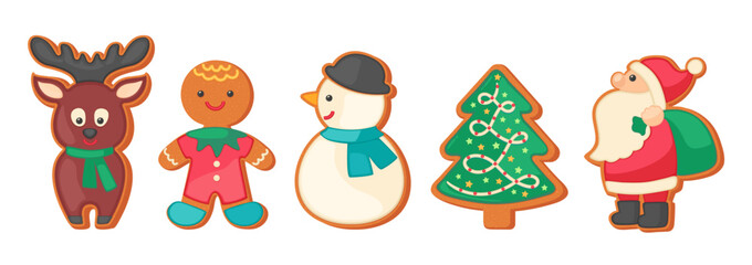 Christmas cookies characters vector. Gingerbread man, snowman, Christmas tree, deer, Santa Claus - sugar cookie set. Winter holiday cartoon illustration isolated. Xmas symbols biscuit shapes. 