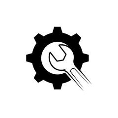 Vector art of a black and white icon representing a wrench inside a gear, isolated on a