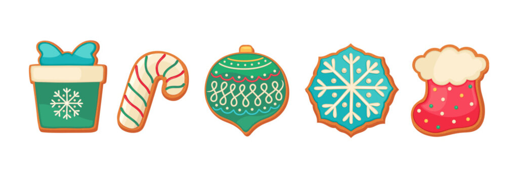 Gingerbread cookies Christmas cute illustrations isolated. Sugar cookie icons cartoon design. Xmas symbols iced biscuit shapes - gift box, candy cane, snowflake, Christmas ornament, red boot.