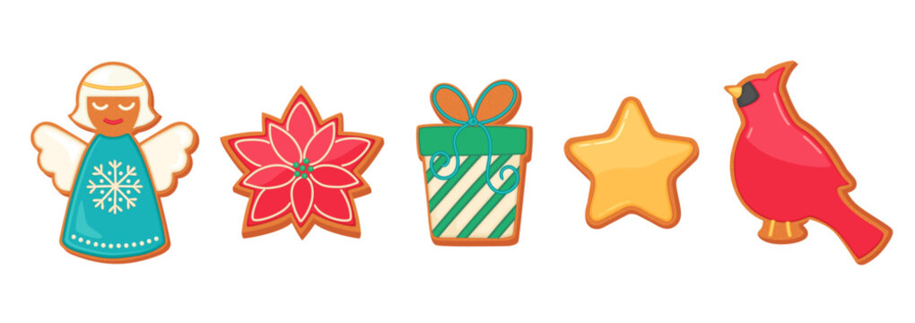 Sugar cookies Christmas cartoon illustration isolated. Gingerbread biscuit icons cute design. Xmas symbols cookie shapes - angel, poinsettia winter flower, star, gift box, cardinal bird.