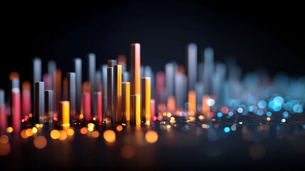 Dynamic abstract data visualization with glowing bars and bokeh lights, representing growth, technology, and financial success in a modern, abstract cityscape concept.
