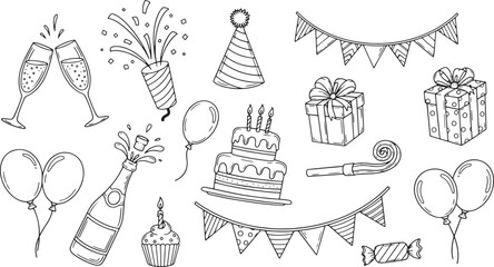 Vector art of hand drawn birthday party elements, featuring cake, balloons, and gifts for celebration