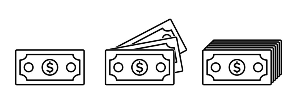 Line icons for currency notes, dollar and Stacked notes. Bank notes icon set for deposit, payment in outline style. Vector illustration for money bundle, Cash and account balance symbol [Isolated]