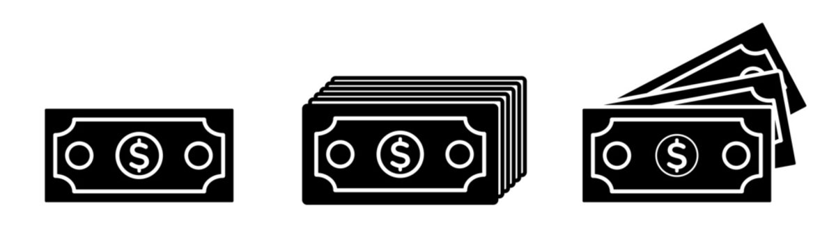 Silhouette of currency notes, dollar and Stacked notes. Bank notes icon set for deposit, payment and transaction. Vector illustration for money bundle. Cash and account balance symbol [Isolated]