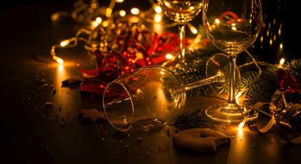 Cozy Christmas night aftermath with glowing fairy lights and empty glasses