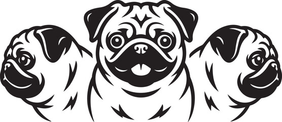 Three Pug Dog Faces Vector