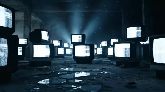 Old television static screens dark abandoned room broken glass eerie light beams atmosphere