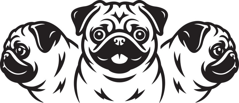 Three Pug Dog Faces Vector