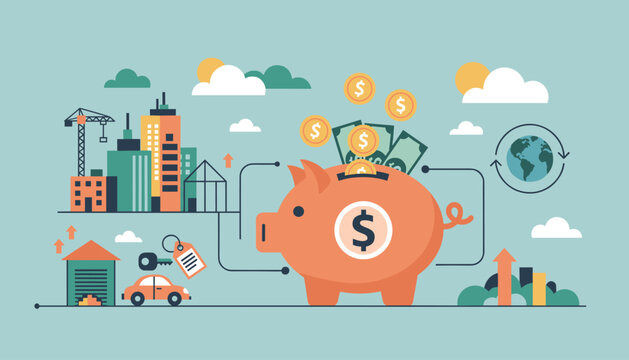 Vivid modern flat illustration concept of saving money for future investments, including a piggy bank, coins, banknotes, car, house, city skyline with crane, and global economy cycle, symbolizing