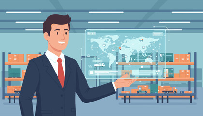 Smiling businessman in a suit presenting a futuristic holographic interface displaying a world map with logistics routes, trucks, and shipping containers, set against a backdrop of a modern warehouse