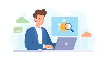 Modern flat illustration of a smiling businessman in a blue suit using a laptop, with a virtual screen displaying a magnifying glass over a coin icon and upward arrows, symbolizing financial growth