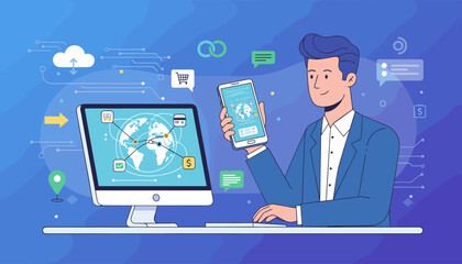 Modern businessman in a blue suit using a mobile smartphone and a desktop computer, displaying a global network map with digital connections and financial icons, symbolizing online business