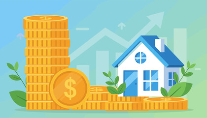 Conceptual illustration of real estate investment growth, featuring a stack of golden coins and a miniature house model against a background of rising financial charts and upward trending arrows
