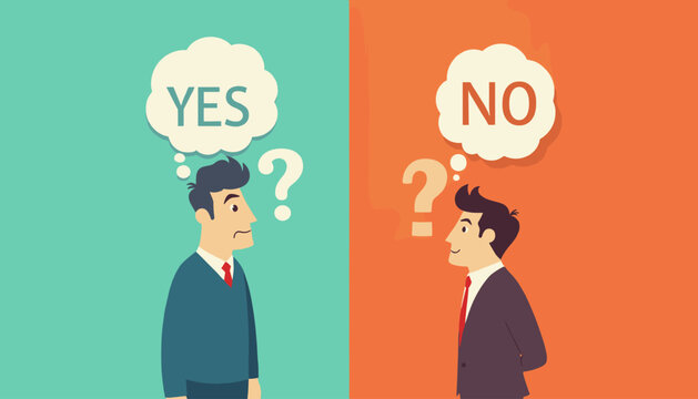 Two businessmen in profile, one on a teal background with a thought bubble saying YES and a question mark, the other on an orange background with a thought bubble saying NO and a question mark