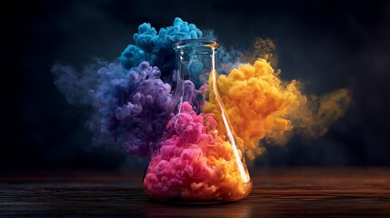 Vibrant yellow and purple ink bursts dramatically from a clear glass beaker on wooden surface