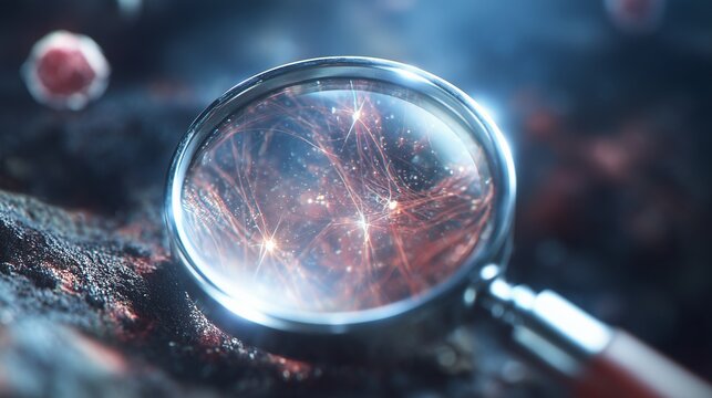 Magnifying glass revealing glowing red neural network - Powered by Adobe