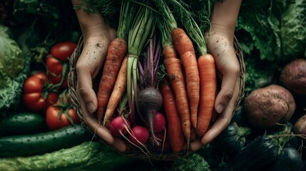 Hands holding freshly harvested colorful organic root vegetables