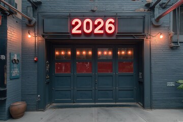 Front view of a gray brick building showcasing the year 2026 in bright red lights, located in an urban setting with decorative elements