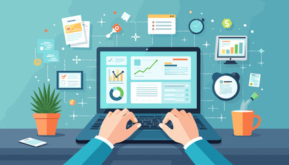 Hands typing on a laptop displaying a dashboard with charts and graphs, symbolizing AI productivity tools, data analysis, and business growth, with surrounding icons representing technology and