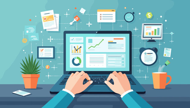 Hands typing on a laptop displaying a dashboard with charts and graphs, symbolizing AI productivity tools, data analysis, and business growth, with surrounding icons representing technology and