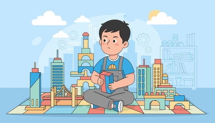 A thoughtful young Asian boy, approximately 6 years old, sits cross-legged on a colorful play mat, engrossed in building a city with toy blocks, surrounded by miniature skyscrapers and a bridge