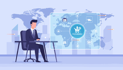 Modern business professional managing global procurement and supply chain operations from a laptop, visualized on a digital interface with world map background and icons representing logistics