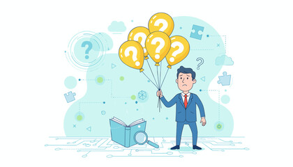 Obraz premium Confused businessman holding balloons with question marks, symbolizing uncertainty and search for answers, with an open book and magnifying glass, representing research and problem-solving, against a
