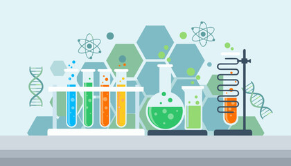 Vibrant scientific laboratory scene featuring colorful test tubes, beakers, and flasks filled with bubbling liquids, alongside DNA strands and atomic symbols, set against a backdrop of hexagonal